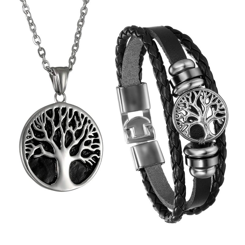 Cupimatch Men Tree of Life Symbol Pendant Necklace Leather Bracelet, Stainless Steel 22 inch Chian Jewelry Set (Black) - Image 1